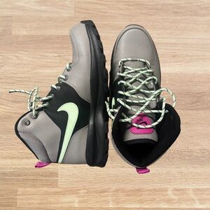 Nike Gray and Black Boots with Green Swoosh